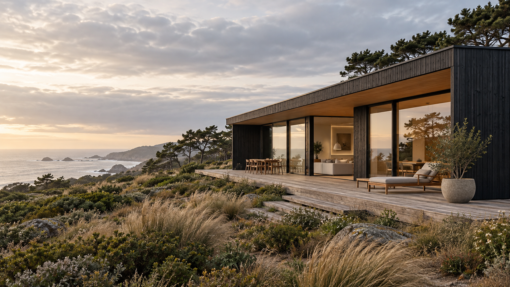 Concepto de casa modular con revestimiento oscuro y terraza frente al paisaje costero